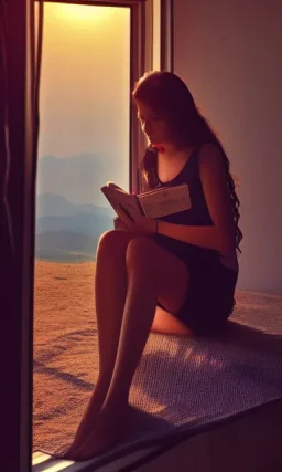 Beautiful, thin young woman, Arab home clothes, wavy hair, sitting on an office chair, reading a novel, next to a window, outside the window is sunset , 8k, finely detailed, photo realistic, cinematic