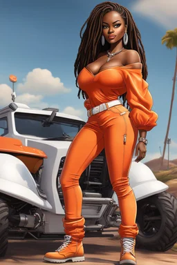 Create a digital airbrush cartoon of a curvy African American female wearing tight white jeans and a off the shoulder orange blouse. She is also wearing timberland boots. Prominent make up with hazel eyes. Highly detailed very long extremely dread locs black hair. Her skin is smooth and silky. Background of a track of ATV riders.