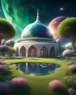 cosmic future mosque in space, small lake, particle, very pretty shrubs++, well-cut green grass and small flowers of all colors, small dome-shaped house