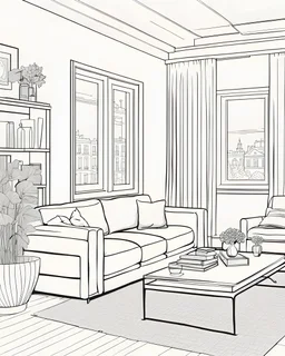 Line art, coloring book, clear thick lines, white background, line art of a living room scene inside a modern and urban European house.