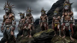 The Tempest Rock Tribe, fierce and proud, stood atop the jagged cliffs, their faces painted with intricate designs that reflected the power of the storm.