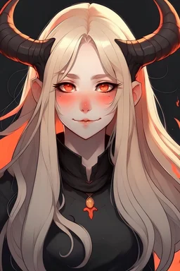 A Girl who is a bit chubby with white long hair, orange eyes , and black demon horns
