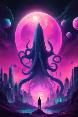 A surreal synthwave landscape featuring a towering cosmic entity with tentacles reaching towards a neon-lit city, under a sky filled with glitching stars, a distorted moon, and dark, swirling cosmic anomalies.