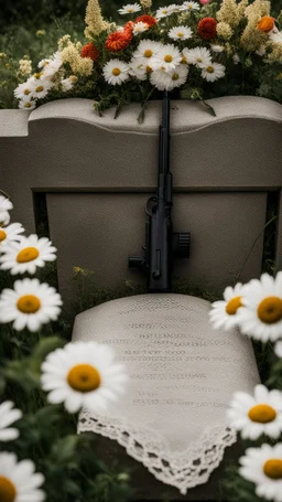 A grave in a field full of flowers. Above the grave is a white lace scarf and a gun.