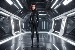 photorealistic slim woman looking like black widow with white boots in a heroic pose at the entrance to a spaceship