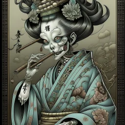 zombie geisha with pale cracked skin wearing a gas mask, baroque, macabre grim illustration, by Phlegm