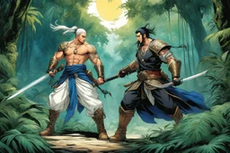 (in the style of Orion, by Masamune Shirow) DUEL: a tattooed gangsta monk with his staff fights against a paladin knight with his two handed sword zweihander in the jungle