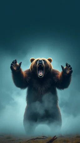 Heavy fog, huge angry big standing bear with open mouth and hands up