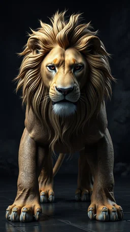 a hyper details texturing of fullbody the skin realistic textures skin a lion .bcomplex details, extremely, ultra rendering, it is standing admist darkness realms floors