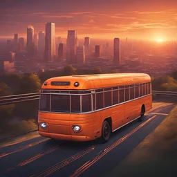 A futuristic orange bus gracefully traverses a bridge, overlooking a picturesque cityscape at sunset.