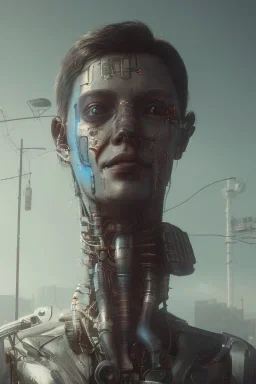 A portrait of post-apocalypse cyborg faceing a human in a cyberpunk city, sci-fi fantasy style, volumetric lighting, particales,highly detailed,cinamatic, deep colours,8k.
