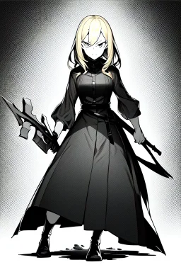 angry blonde girl, angry pose, full body, greyscale