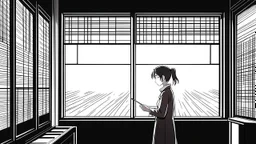 monochromatic japanese classroom with a shadowy figure looking out the window holding a transparent key emanating glow that colors the surroundings, anime
