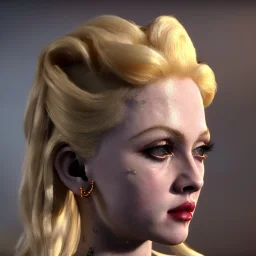 Young blonde Madonna, pretty cyber woman, cold ambient, latex, cables, purpurin, black, gold, piercings, brown, decorative color feathers, circuits, neon style, a lot of led lights, fog, rain, vibrant color, highly detailed, art stations, concept art, smooth, unreal engine 5, god rays, ray tracing, RTX, lumen lighting, ultra detail, volumetric lighting, 3d, finely drawn, high definition, high resolution.