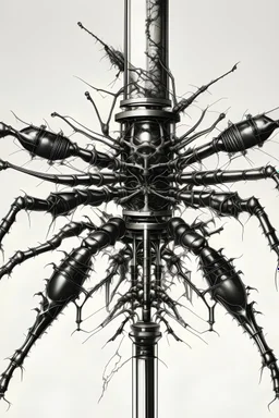 ink drawing of large, clear medical syringe filled with spiders inside of it