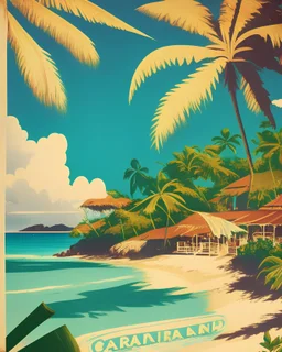 1950s style retro travel poster of an idyllic Caribbean beach