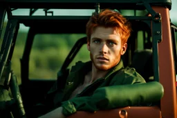 Young rugged looking male with red hair and green eyes sitting in a jeep close up photo realistic