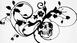 tracery of bones, flowers and skulls, black and white, minimalistic