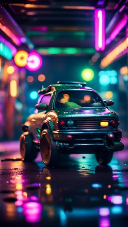 camera angle from feet, portrait of slick lord water wolf Gremlin myth buster pimp ninja yoga cyber punk in flying hipster lawn wrecked car parked in dark neon lit reflective wet arcade hall tunnel,bokeh like f/0.8, tilt-shift lens 8k, high detail, smooth render, down-light, unreal engine, prize winning