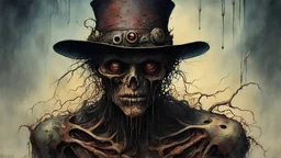 Full image, A creepy alian with scarred and rotted skin, Dripping flesh, extremely detailed bulging eyes, steampunk style fedora hat, dripping and splattered, Extremely high detail, realistic, fantasy art, solo, bones, masterpiece, saturated colors, tangled, ripped flesh, art by Zdzisław Beksiński, Arthur Rackham, Dariusz Zawadzki,