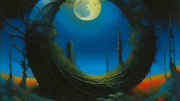 painting of a portal with vines and a moon in the sky, portals, artistic style zdzisław beksiński