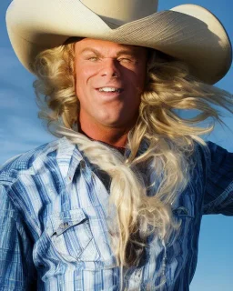 Large man with blonde wig playing cowboy