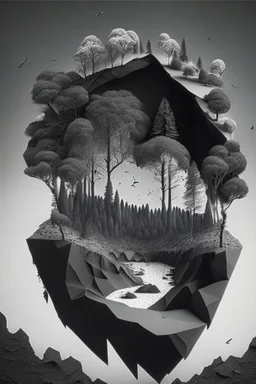 Beautiful landscape with trees, earth opens up and breaks down in black polygons.