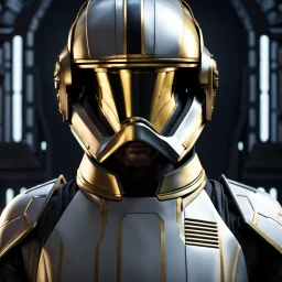 star wars bald male corellian pilot wearing pearlescent black and gunmetal grey First Order special forces heavy assault armor and helmet with gold trim inside the jedi temple, centered portrait, hyperdetailed, dynamic lighting, hyperdetailed background, 8k resolution, volumetric lighting, light skin, fully symmetric details