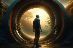 a man moving through a portal, photorealistic, Detailed Matte Painting, Deep Colour, Fantastical, Intricate Detail, sunshine