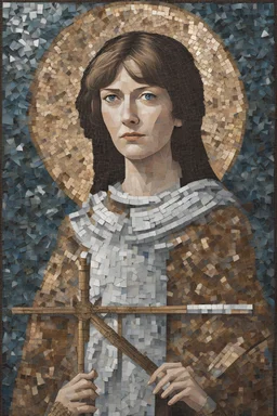 The Fractured Icon: Joan's portrait shattered into mosaic pieces. Each shard reflects a different aspect: warrior leading the charge, visionary gazing into the heavens, prisoner shackled, martyr burning on the pyre. The pieces, while fractured, form a strong, unified whole. **Appearance:** evocative portrait concepts of Joan of Arc (a patron saint of France, honored as a defender of the French nation for her role in the siege of Orléans and her insistence on the coronation of Charles VII of Fran