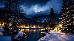 christmas,festive,fir forrest scenery, riverside forest,tree,nature,night,snow,lanterns,fir tree,night ,cloud,holy night