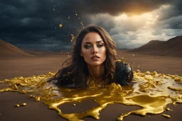 A hyper-realistic photo, beautiful woman lying on ground disintegrating into gold dripping ink and slime::1 ink dropping in water, molten lava, , 4 hyperrealism, intricate and ultra-realistic details, cinematic dramatic light, cinematic film,Otherworldly dramatic stormy sky and empty desert in the background 64K, hyperrealistic, vivid colors, , 4K ultra detail, , real photo, Realistic Elements, Captured In Infinite Ultra-High-Definition Image Quality And Rendering, Hyperrealism,