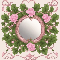 Create an Artwork of a Mirror with ivy branches and pearls necklace, Like a creative Logo for a Varasity Jacket to put a random number uin it, Vector illustration. Colors should be pink and green