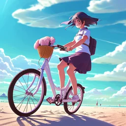 A girl is riding a bicycle on the beach. His cat is sitting in the front basket of the bicycle. Spring flowers can be seen everywhere. Beautiful blue sky with white clouds - kites in the sky. sense of peace. digital art, anime, 8k, full details, colorful, high resolution