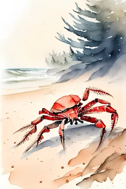 Red scorpion on a cold northern beach with pine trees and greybrown sand. Cheery dreamy watercolor