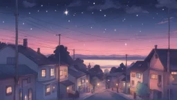 beautiful starry sky at dusk, handdrawn, anime, lofi, pastel, cinematic, nostalgic, town