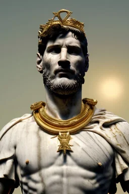 Realistic image, Roman sculpture made in white marble with gold veins, Lionel messi with gold laurel leaves crown, two blue brushes, decorative star on the chest, waist up portrait, marble material, gold ornaments, Baroque style, sun rays background, epic, celestial, cinematic lighting, God lights, 4k resolution, smooth details, soft lighting, unreal engine 5, art station, substance 3d.