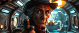 gritty air brush 3d with pen outline,seasoned handsome gunslinger western fluffy elder woman edgy hero with slightly glowing eyes and nudged dented skin in front of glistening space lobster dog, shallow depth of field, warm lantern, pin hole cam in doll house space ship, bottom floor board edge border