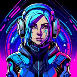 masterpiece, intricate details, a wide angle 2D anime bold line flat color illustration of a cheerful cyborg girl in a high purple hoodie and headphones in hip hop style, dopamine style, overlaying mixed patterns of pop art text and emoji device installations, sharp focus, charming character illustration, beautiful vibrant kuler palette gradient