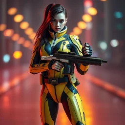 A hyper-realistic a woman in a futuristic suit holding a gun in her hand, looking at the camera, legs, cyberpunk, neo-figurative,concept ,full length view, face , full size, science, technology,future,electric ,futuristic style, design, practicality,manufacturability,performance, HOF, professional photographer, captured with professional DSLR camera, trending on Artstation, 64k, full size, ultra detailed, ultra accurate detailed, bokeh lighting, surrealism, background, detailed(((realism, realis