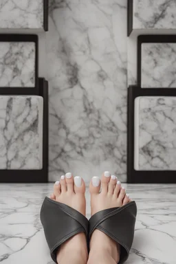 generate a picture of a woman's feet with marble floor as background and white nail polish