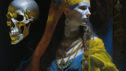 70s, woman wearing colorful Death day face paint., painting by Donato Giancola and John Bauer and Vermeer, embroidered velvet, iridescent beetles, rich color, ornate headdress, flowing robes, lost runes, ancient civilizations,featured on Artstation, cgisociety, unreal engine, navy blue, white and bold yellow color scheme, splitlight effect, profesional photography, hard shadows, high contrast, style photography, analog style, vintage colors, xprocess