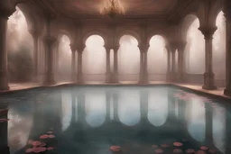 john william waterhouse style, A magnificent chamber meets his eye. Inside, a long rose-water pool is shrouded by fine mist. Stepping in the moist silence, with a warm breeze he's gently kissed.