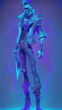 realistic man game character full height with weapoon in blue-purple neon, witn navy background, digital art