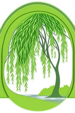 Logo of a pretty green willow tree with long hanging branches, outside a square window with an arch, emphasize the window, serene tranquil background.