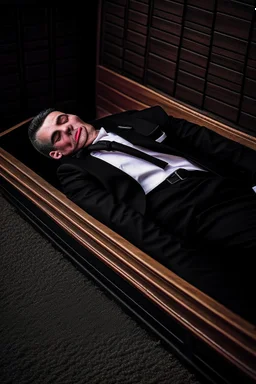 a man in black suit, red neck tie, white shirt, black pants, black shoe sleeping in a coffin