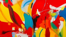 Abstract composition with vibrant reds , yellows , and yellows , with strokes of green , blue , and WHITE