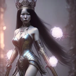 hitomi tanaka, long black hair, full body, Unreal Engine 5, highly detailed, highest quality, digital painting, complex 3d render, unreal engine render, insane detail, intricate photograph quality, magnificent, majestic, highly intricate, Realistic photography, grand hall, wicked throne, holding scepter, crown of barbwire, dark color palette, metallic, highly detailed, highest quality, digital painting