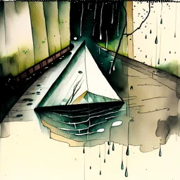 Close up of a simple paper boat floating on rainwater runoff down a suburban street toward a storm-drain on sidewalk, watercolor and ink painting with long loose brushstrokes, dramatic, beautiful, unsettling, eerie, minimal, by Roberto Matta