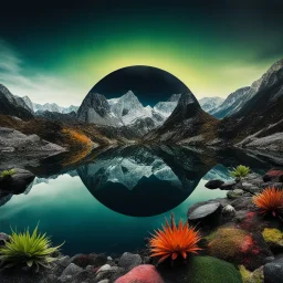 Sublime foto close-up ad alta definizione di una montagna rocciosa, un lago, surreale, colors, cityscape scifi, collage art, dadaism, sublime, splimapys nero, cielo nero, acqua nera riflette un sole nero, macabre piante circondano il lago, alghe, hypermaximalist, Max Ernst style, strangeness, intricate, hypnotic, obsessive, Yves Tanguy, 8k, deep 3d field, very accentuated details of the rocks and sht frn, eerie, artistic photo, shot on Hasselblad, large format film, medium format film